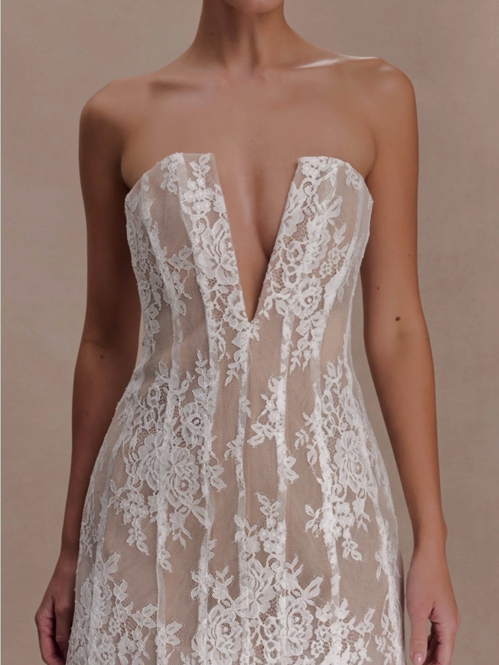 Meshki Strapless White Lace V-Plunge Gown